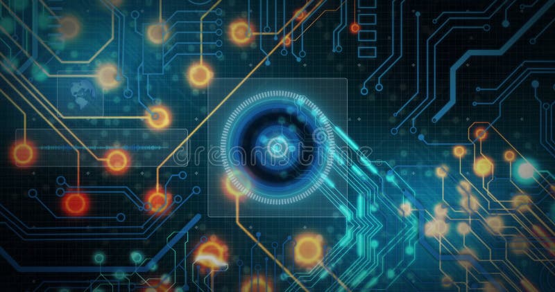 Circuit board and glowing nodes, futuristic technology animation stock illustration