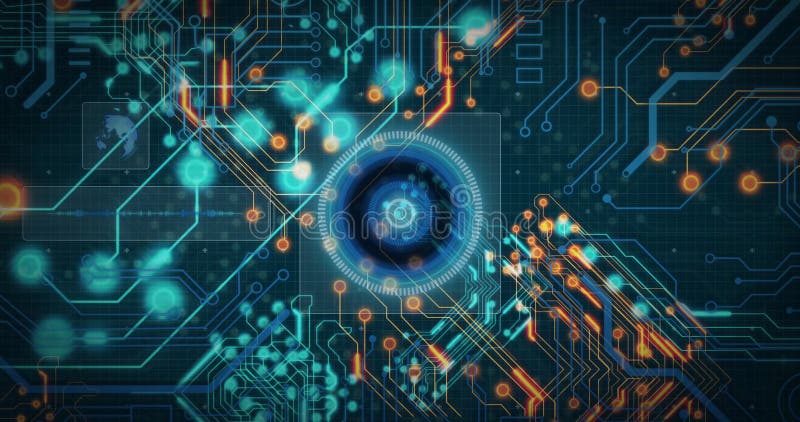 Circuit board and glowing nodes, futuristic technology image royalty free stock photos