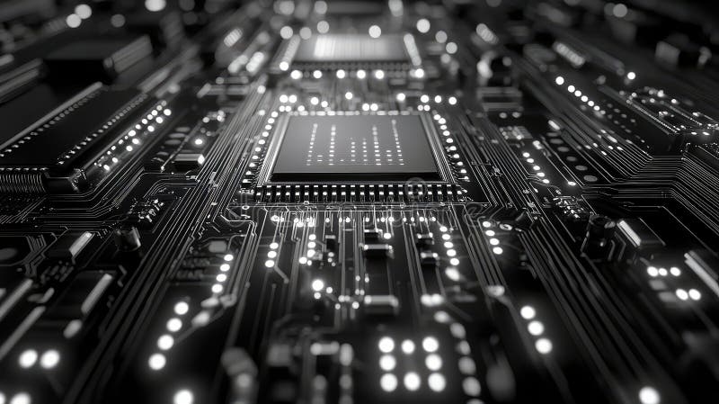 Circuit board with glowing processor analyzing digital data