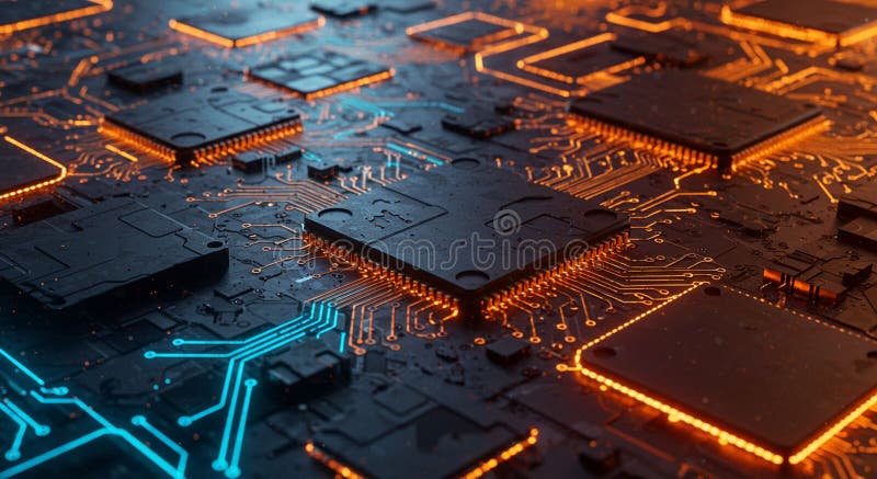 Circuit board with illuminated pathways and microchips. Black surface features royalty free illustration