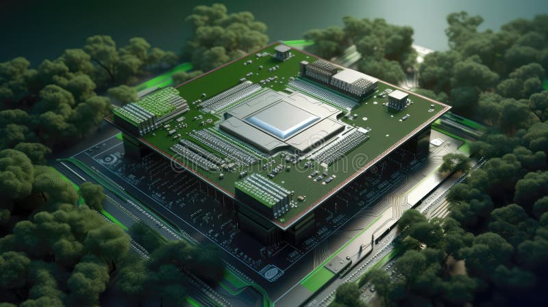 Circuit board and leaf with electronic timer. Concept of eco friendly technology. Green energy. Combination of technology and stock illustration