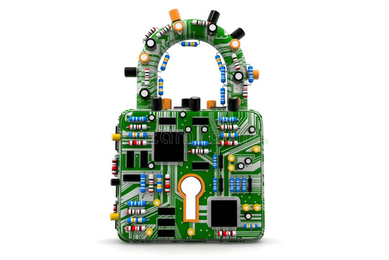 Circuit board in lock. Security concept. 3d render