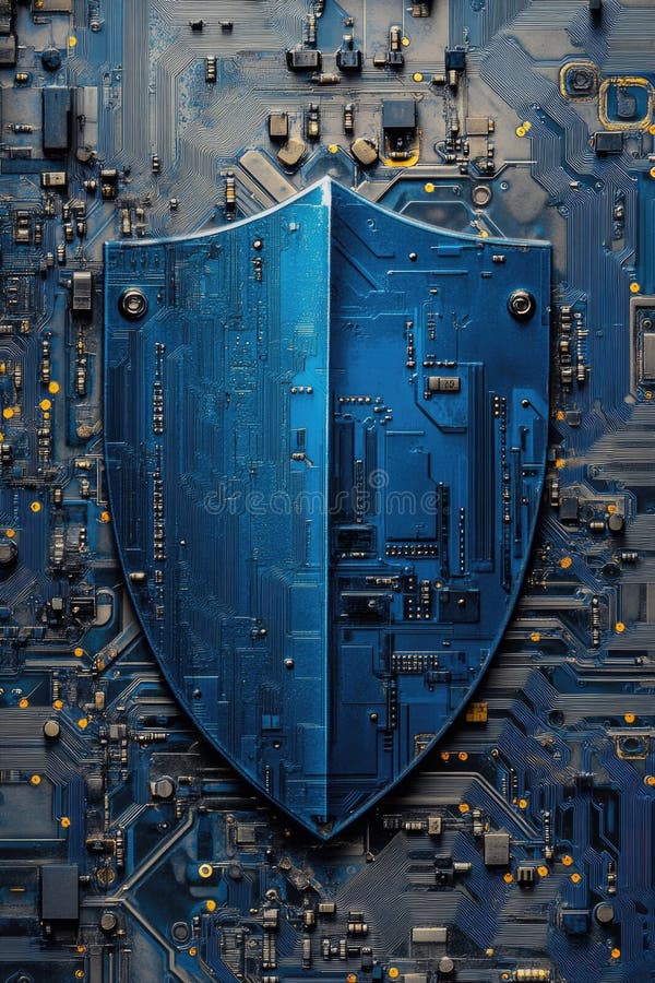Blue shield on top of circuit board with electronic components and wires. Shield artificial intelligence stock images, royalty-free photos and pictures
