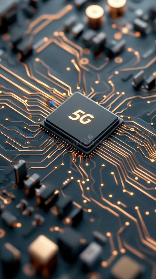Circuit board shows glowing paths. Central processor displays symbol for faster connections. Modern networks connect devices using royalty free stock images