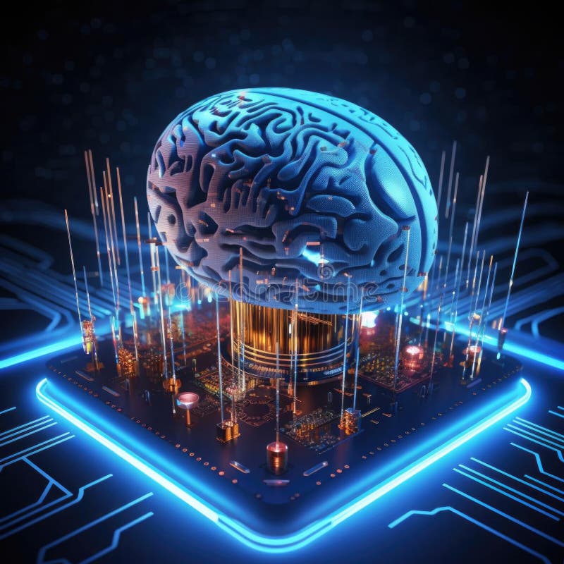 Circuit style with brain model. Artificial neural network. stock illustration