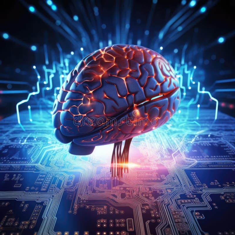 Circuit style with brain model. Artificial neural network. stock illustration