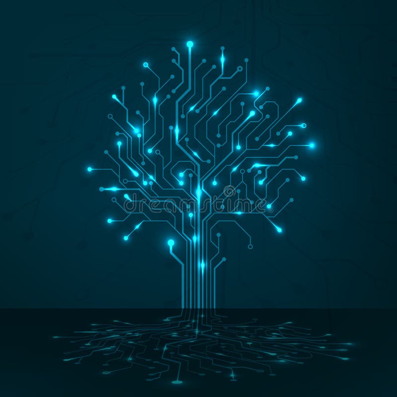 Circuit tree on blue background. Science and technology concept. Computer motherboard system. Modern hardware design. Vector royalty free illustration