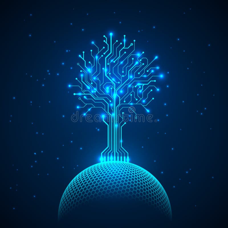 Circuit tree on network sphere. Abstract futuristic hologram sci fi background. Vector