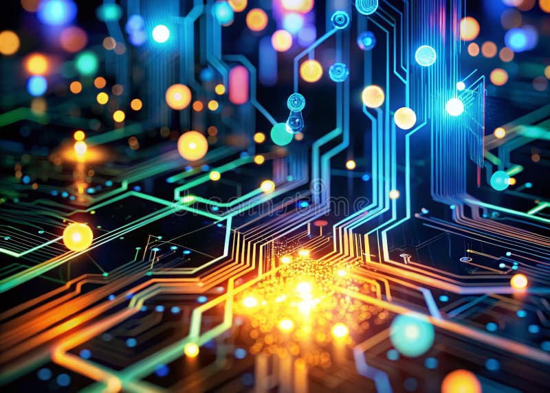 Circuitele aprinse dintr-o placă de bază futuristă explorează intersecția dintre tehnologie și inovare cu strălucirea vector illustration