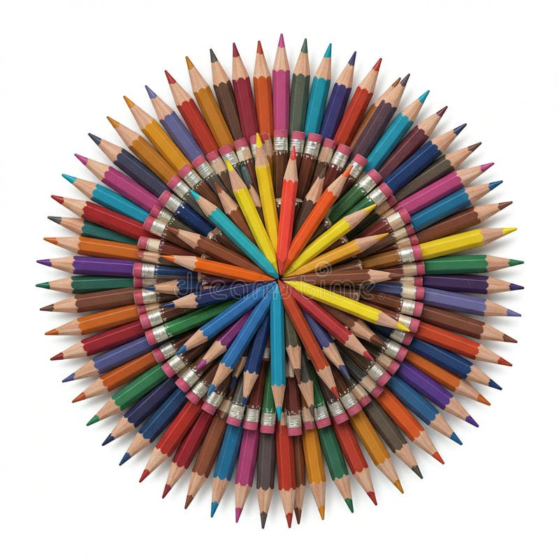 A circular arrangement of colored pencils is displayed with their sharpened tips stock illustration