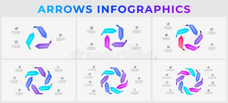 Circular arrow infographic templates showcasing data flow, steps, and business process cycles, suitable for vector illustration