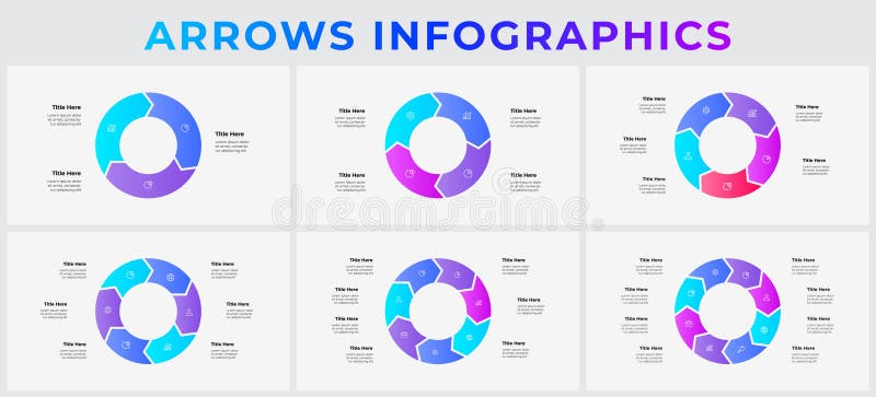 Circular Arrow Infographics for Business Workflow and Data Visualization with 3, 4, 5, 6, 7 and 8 options, steps or stock illustration
