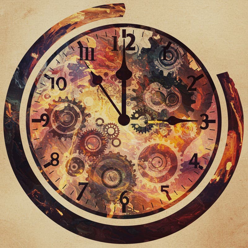 A circular clock depicting a colorful array of intricate gears and cogs in varying sizes stock illustration