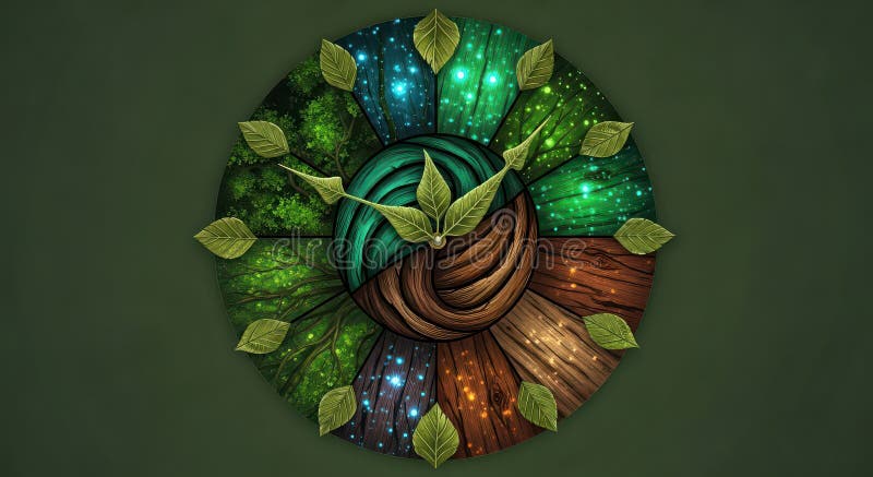Circular clock face with nature-themed segments and leaves royalty free illustration