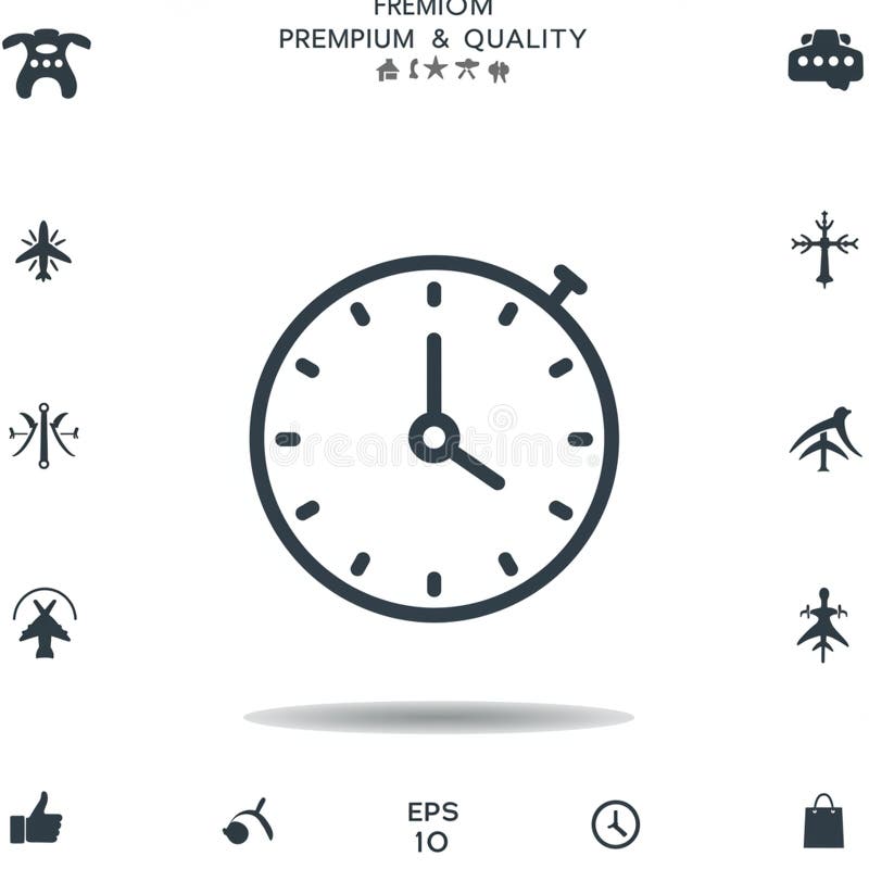 Circular clock icon with minute and hour hands set at 10:10. Features a simple royalty free illustration