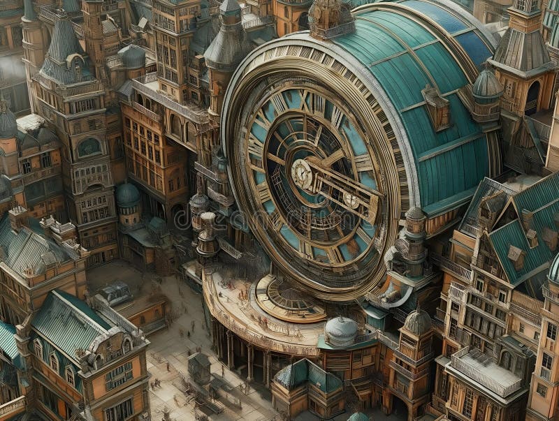 Circular clock, intricate gears, steampunk design, city within, mechanical marvel stock illustration