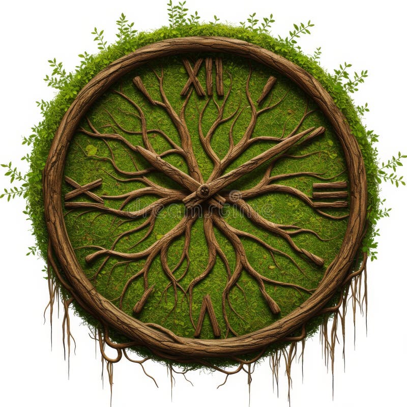 Circular Clock Made of Roots and Moss royalty free illustration