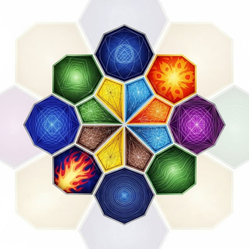 16 colorful hexagonal and octagonal shapes, each featuring intricate stock illustration