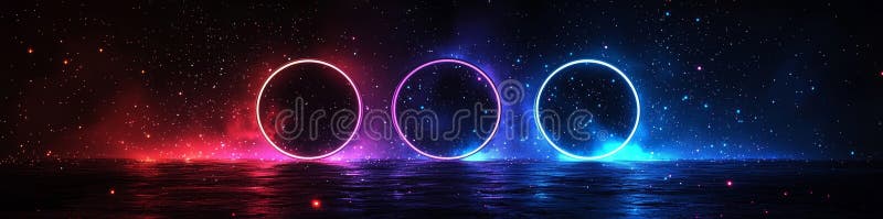 Circular digital portals with a hologram effect, highlighted by blue neon light. Glowing and sparkling futuristic stock illustration