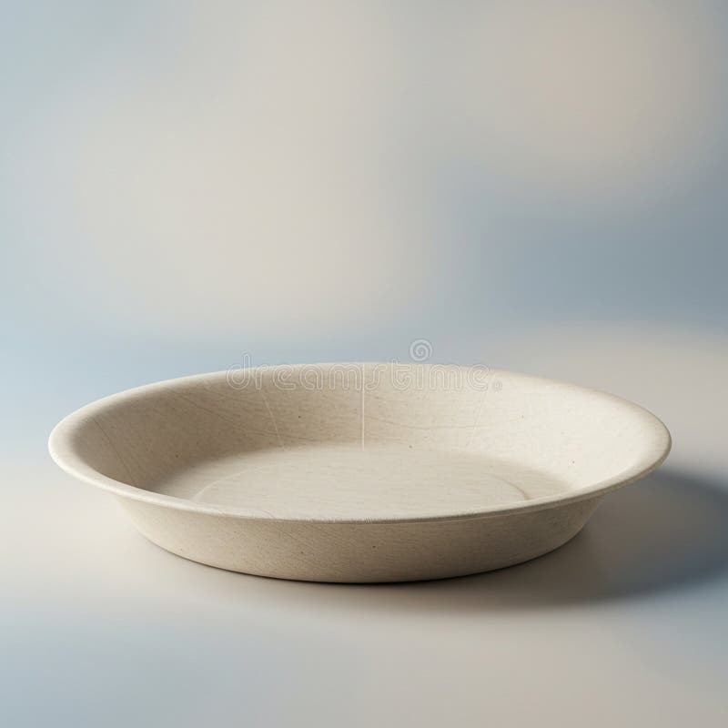 A circular, disposable plate made of a biodegradable material, resembling molded stock illustration