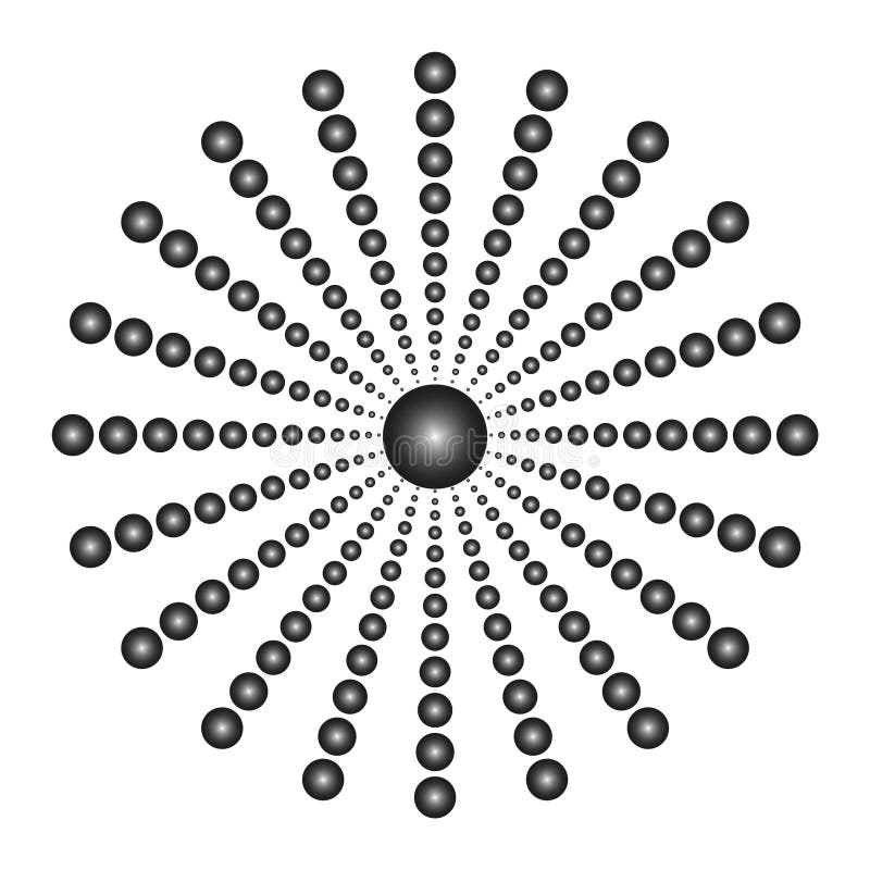 Circular dot pattern. Black radial shape. Symmetrical dotted design. Abstract vector element. stock illustration
