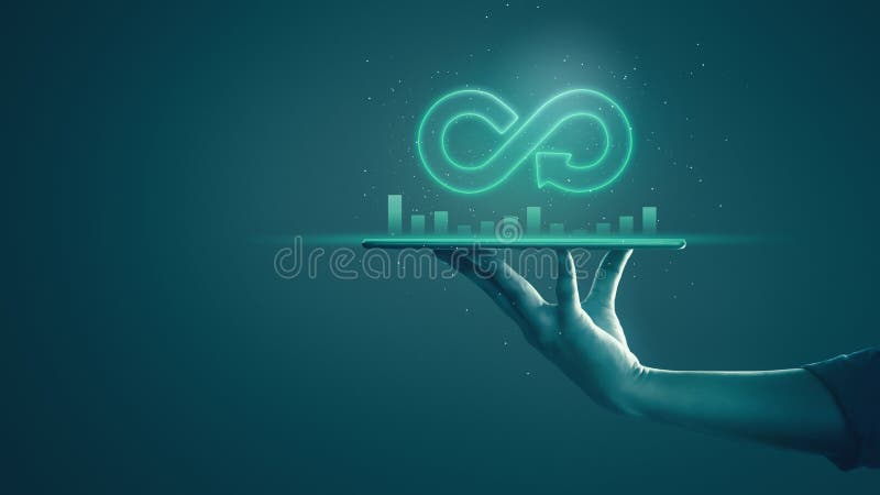 Circular economy with infinite concept. Business man showing arrow infinity symbol with neon light and dark background. Graph royalty free stock photo