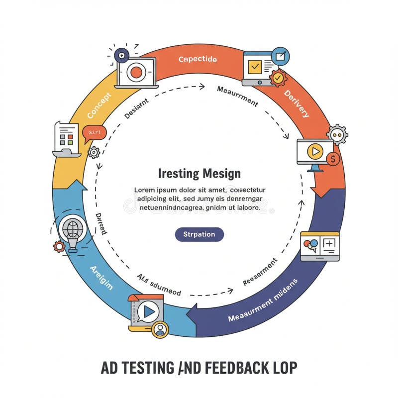 Circular flowchart illustrating an ad testing and feedback loop with various stages. stock illustration