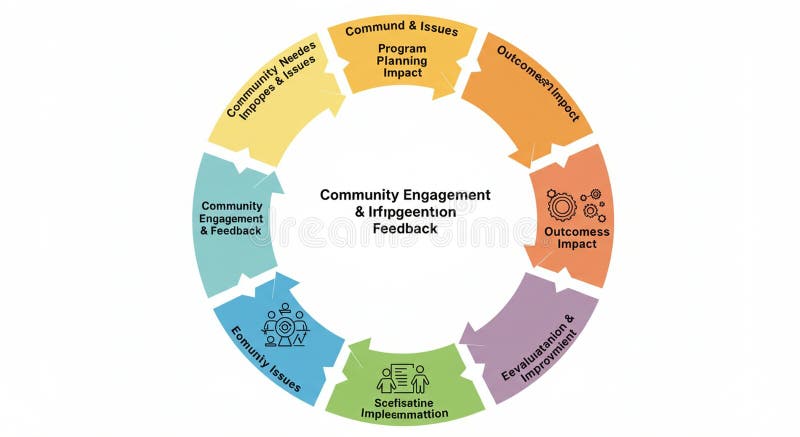 Circular flowchart illustrating a community engagement process with feedback loops. royalty free illustration