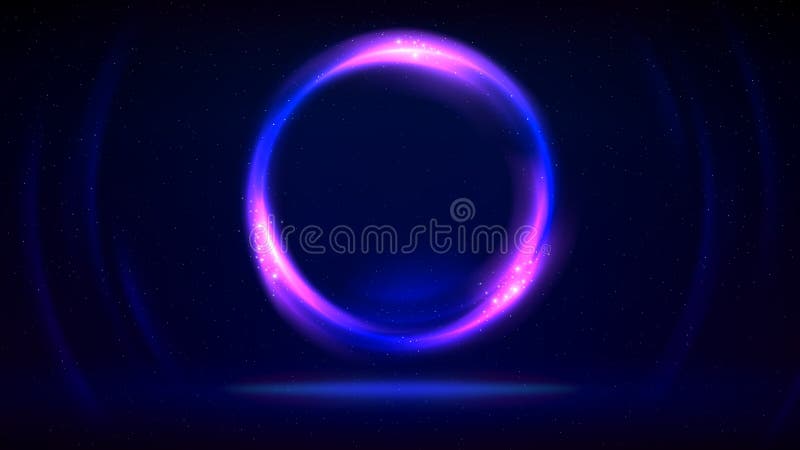Circular frame on dark background. Pink blue purple glowing circle. Shining light ring. Illuminated stage, dark blue backdrop. royalty free illustration