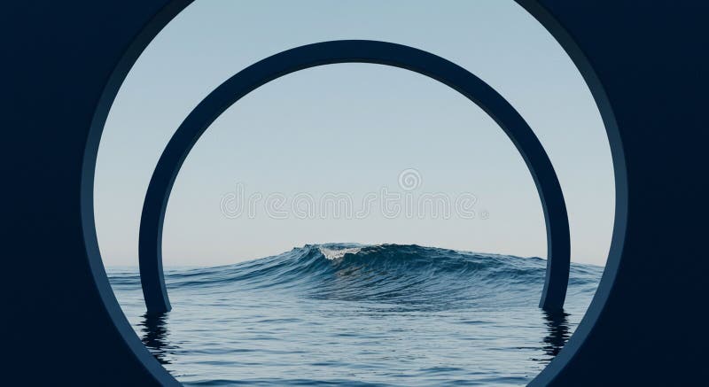 Circular frames with two concentric arcs create a futuristic view of the ocean stock illustration