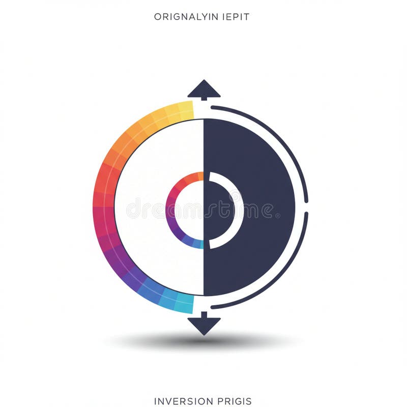 A circular graphic split into two halves, a colorful gradient and a dark solid area. An vector illustration