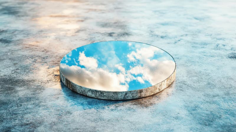 Circular mirror on weathered surface reflecting sky royalty free stock images