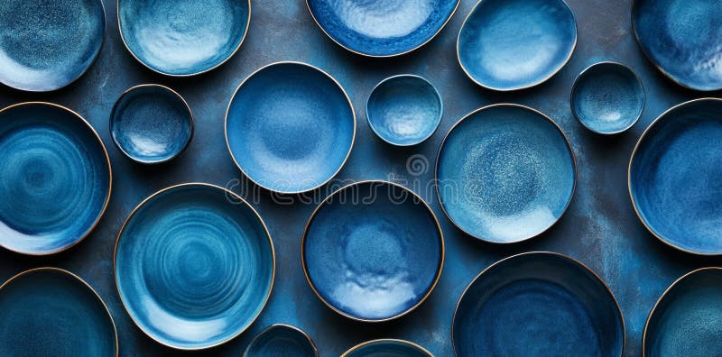 A circular pattern of ceramic plates highlights varying blue tones in a creative display. stock photos