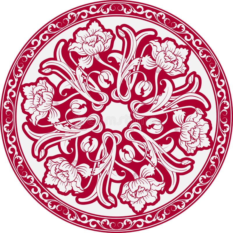 The circular pattern with motifs of Chinese painting. Mandala of white flowers on a red background.