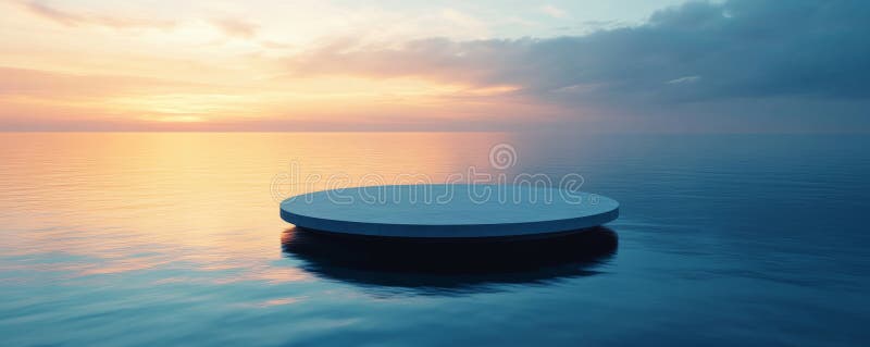 Circular platform over calm ocean at sunset, serene nature concept royalty free stock photo