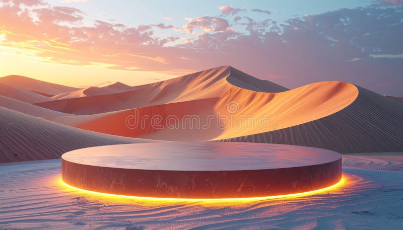 Circular Podium with Orange Glow in Pixelated Desert Landscape at Sunset vector illustration