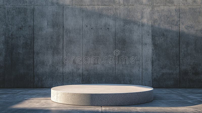 Modern circular podium in minimalist concrete setting with soft lighting. Generative AI stock illustration