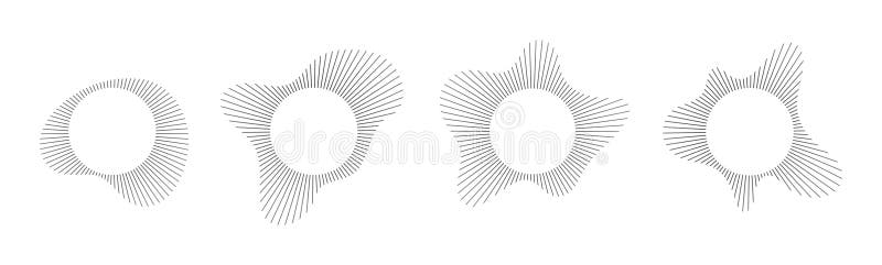 Circular sound visualization with radial wave line pattern vector set. Abstract audio spectrum ring geometric burst shape. stock illustration