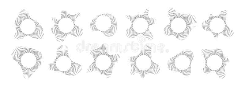Circular sound visualization with radial wave line pattern vector set. Abstract audio spectrum ring geometric burst shape. vector illustration