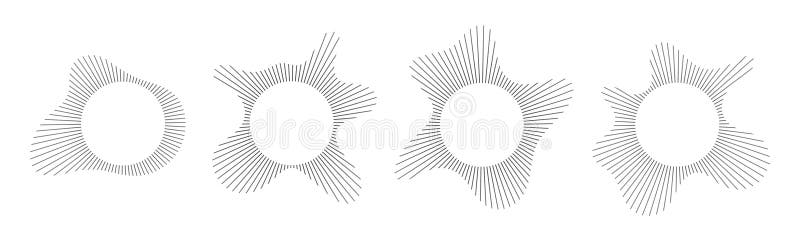 Circular sound visualization with radial wave line pattern vector set. Abstract audio spectrum ring geometric burst shape. stock illustration