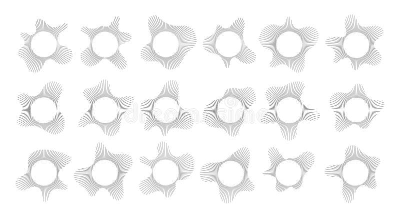Circular sound visualization with radial wave line pattern vector set. Abstract audio spectrum ring geometric burst shape. stock illustration