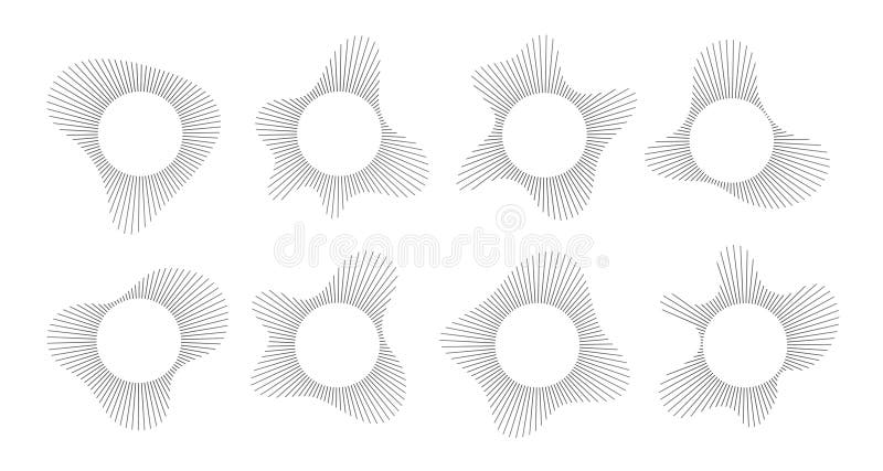 Circular sound visualization with radial wave line pattern vector set. Abstract audio spectrum ring geometric burst shape. stock illustration