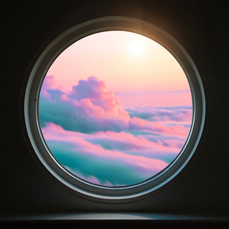 Circular View of Pastel Pink and Blue Clouds at Sunrise Through Round Window Frame royalty free illustration