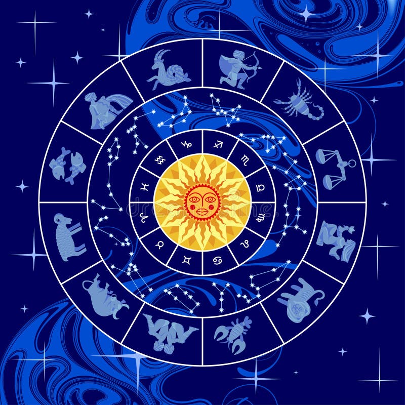 Circulo Con Signos Zodiacos Constelaciones Sol Amarillo Y Fondo Azul  Abstracto Ilustración del Vector - Ilustración de libros, constelaciones:  260447105
