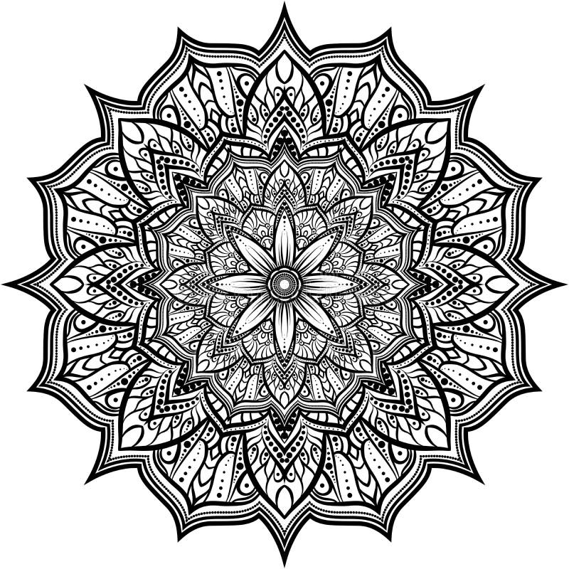 Circunde o ornamento do laço, teste padrão geométrico decorativo redondo do doily, mandala preto e branco ilustração stock Circunde o ornamento do laço, teste padrão geométrico decorativo redondo do doily, mandala preto e branco ilustração stock