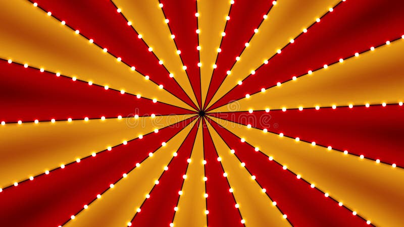 Circus animated rotation looped background of red and gold lines stripe with star constellations light bulbs tinsel. Retro motion