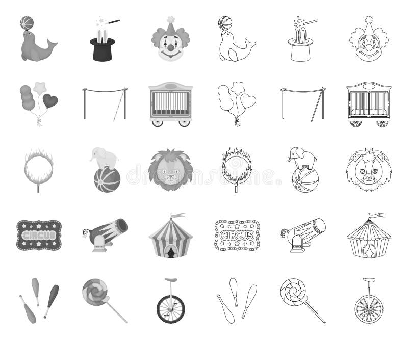 Circus and attributes mono,outline icons in set collection for design. Circus Art vector symbol stock web illustration. royalty free illustration Circus and attributes mono,outline icons in set collection for design. Circus Art vector symbol stock web illustration. royalty free illustration