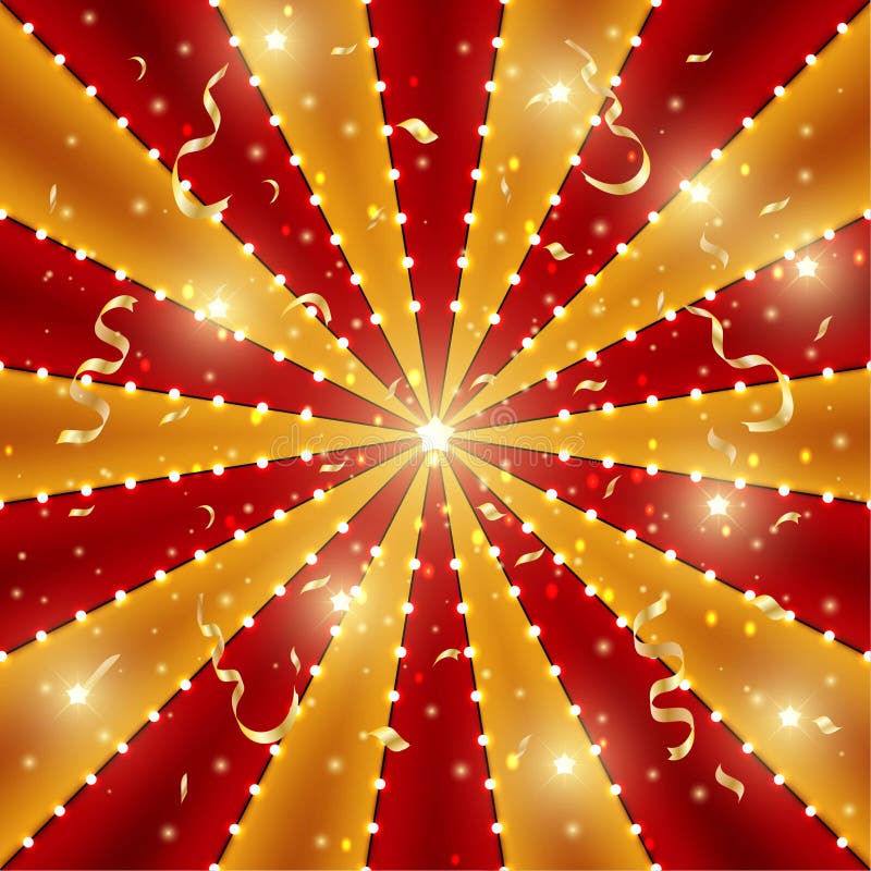 Circus background of red and gold lines stripe with star constellations, light bulbs and tinsel. Retro sun beam ray template for