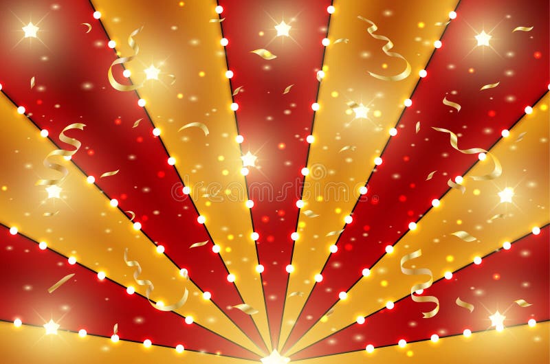 Circus bottom background of red and gold lines stripe with star constellations, light bulbs and tinsel. Retro sun beam ray