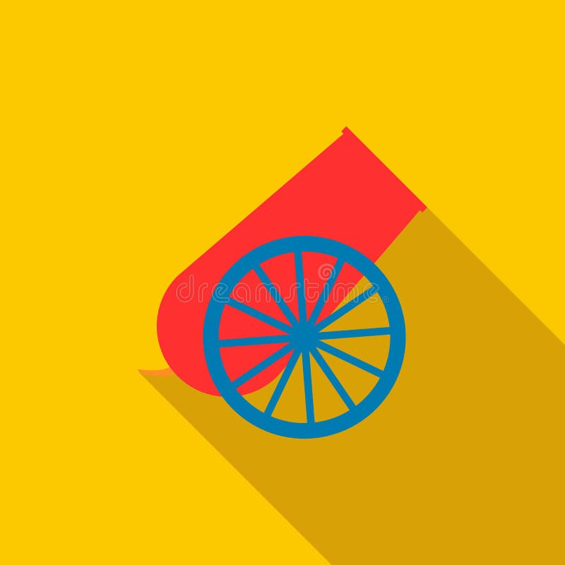 Circus cannon icon in flat style on a yellow background. Circus cannon icon in flat style on a yellow background